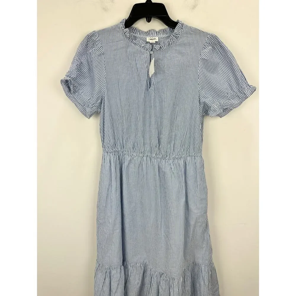 J.Crew Striped Ruffleneck Puff Sleeve Midi Dress Cotton White Blue US 8 NWT